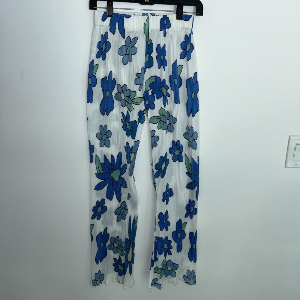 Women's Size Small 70'S Style Floral Blue Ripple Casual Wide Leg‎ Pants NWT